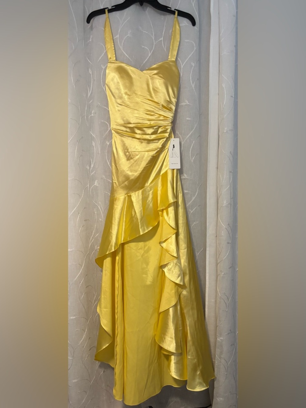 Yellow Satin Ruffle Evening Dress